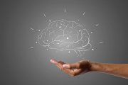 brain writes with white chalk is on hand, draw concept.