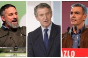 Santiago Abascal (VOX), Alberto Núñez-Feijóo (PP) y Pedro Sánchez (PSOE), en un montaje con imágenes de archivo