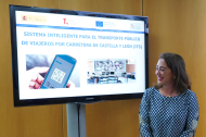 La consejera de Movilidad y Transformación Digital, María González Corral, en la presentación de los proyectos para la implantación de Sistemas Inteligentes de Transporte (ITS) en el servicio público de transporte de viajeros por carretera.