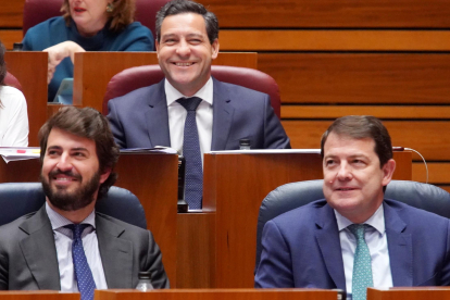 Juan García Gallardo, Raúl de la Hoz y Alfonso Fernández Mañueco, en el pleno de presupuestos de las Cortes