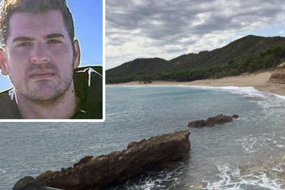 Playa del Torn, cerca de donde apareció el cuerpo sin vida del joven salmantino y en miniatura una imagen de David