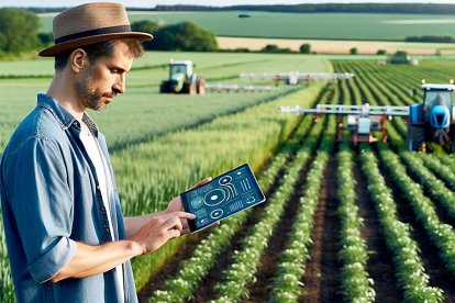 Imagen de un agricultor vigilando su explotación con inteligencia artificial generada por IA