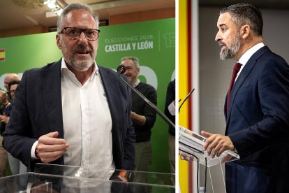 El candidato a la Presidencia de la Junta por Vox, Carlos Pollán, durante su intervención en Valladolid, y el líder nacional, Santiago Abascal, en su valoración desde Madrid.