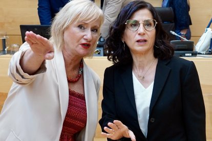 Leticia García y Cristina Sanchidrián, antes de la comparecencia de la consejera de Movilidad.
