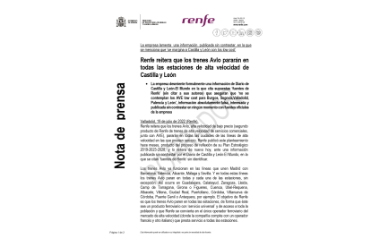 Comunicado de Renfe, remitido a este periódico.