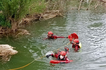 Momento en el que los bomberos proceden al rescate del cadáver en el río Torío.- ICAL