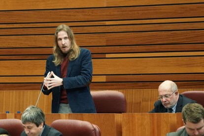 El procurador de Podemos, Pablo Fernández, durante la segunda sesión del Pleno de los Presupuestos Generales de la Comunidad para 2023. - ICAL