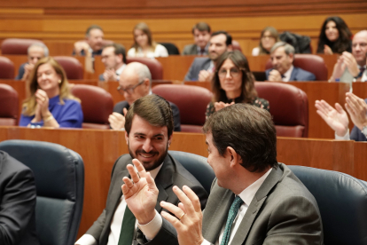 El presidente de la Junta, Alfonso Fernández Mañueco, y el vicepresidente, Juan García Gallardo, aplauden tras ser aprobados los Presupuestos de la Comunidad para 2023. - ICAL