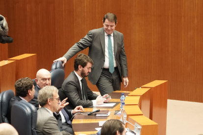 El presidente de la Junta, Alfonso Fernández Mañueco, y el vicepresidente, Juan García Gallardo, durante la segunda sesión del Pleno de los Presupuestos Generales de la Comunidad para 2023. - ICAL