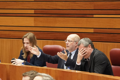 Los componentes del Grupo Mixto Pablo Fernández, Francisco Igea y Pedro Pascual, durante la segunda sesión del Pleno de los Presupuestos Generales de la Comunidad para 2023. - ICAL