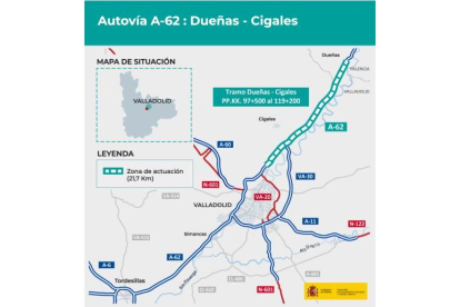 Plano del tramo de la A-63 ente Cigales y Dueñas que recibirá un tercer carril.- E. M.