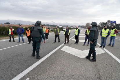 Los agricultores cortan la autovía A-6 a la altura de La Bañeza (León). -ICAL