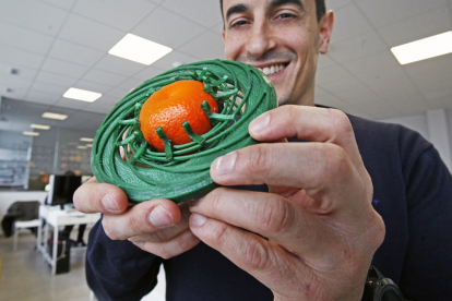 David Francés muestra el dendómetro que ha desarrollado su empresa para realizar el seguimiento del calibre de la fruta. - MARIO TEJEDOR