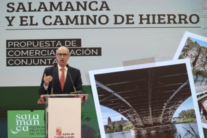El presidente de la Diputación de Salamanca, Javier Iglesias, presenta la propuesta de comercialización de 'Salamanca y el Camino de Hierro'./ ICAL