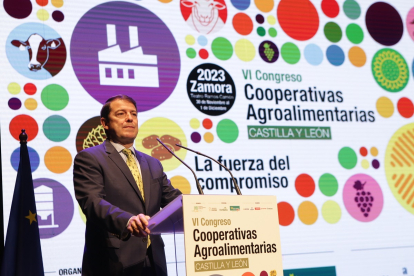 El presidente de la Junta de Castilla y León, Alfonso Fernández Mañueco, durante su intervención.- ICAL