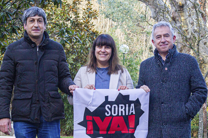Los tres procuradores electos de Soria Ya posan con la bandera de la plataforma. MARIO TEJEDOR