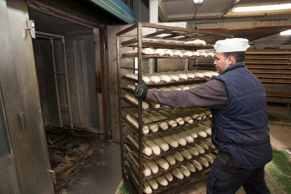 PANADERIA MANRIQUE. Un trabajador introduce en el horno un carro con barras de pan en una fábrica de Valladolid. Horizontal