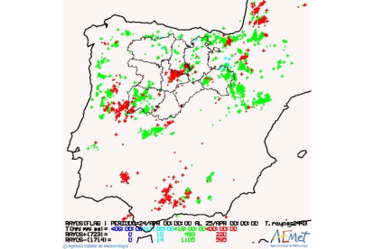 Rayos registrados en Castilla y León este viernes, 24 de abril. - AEMET