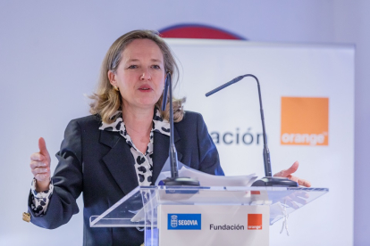 La vicepresidenta primera del Gobierno, Nadia Calviño, durante el acto del Premio Mujer y Tecnología de la Fundación Orange. -ICAL