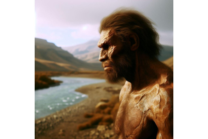 Homo antecessor, pensativo en las vegas del río Arlanzón. BING IA