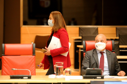 La socialista Virginia Barcones y el portavoz de Ciudadanos, David Castaño, durante la reunión de la Junta de Portavoces de las Cortes de Castilla y León.- ICAL