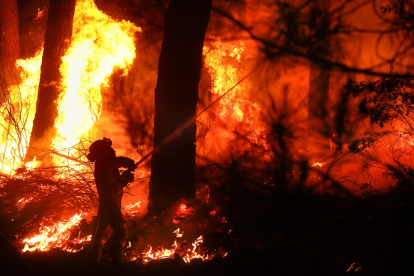 Los bomberos, la pasada madrugada, trabajando en la extinción del fuego en Serranilla del Arroyo. - ICAL