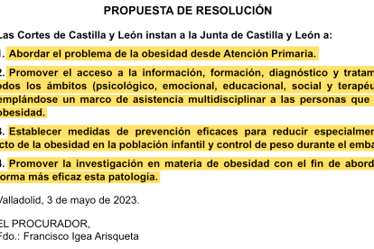 Texto presentado por Igea en la Comisión de Sanidad de las Cortes.- E. M.