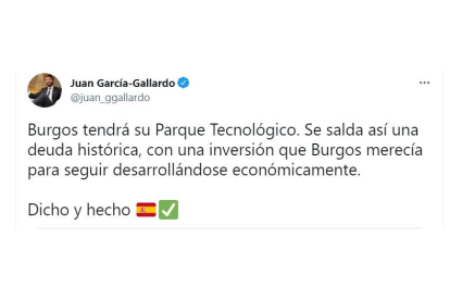 Tuit de Gallardo sobre el Parque Tecnológico de Burgos. E. M.