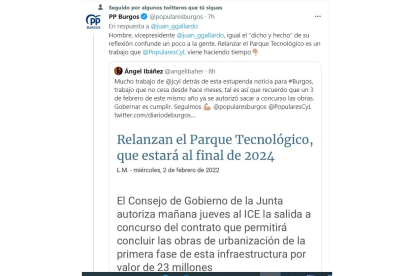 Respuesta del PP de Burgos al tuit de García-Gallardo. E. M.