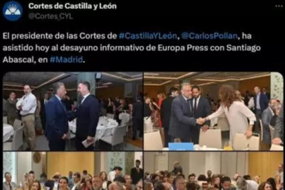 Pantallazo del twitter de las Cortes, ya borrado, en el que se recogía la asistencia de Carlos Pollán al desayuno de Abascal en Madrid.-E. M.