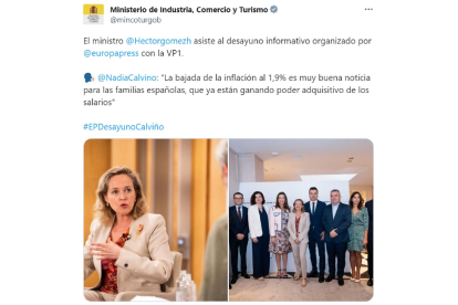 Imagen del tuit del Ministerio de Industria, con la presencia del ministro en el desayuno de Nadia Calviño.-E. M.
