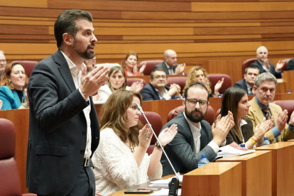 El secretario general del PSOE de Castilla y León, Luis Tudanca, durante el pleno de presupuestos.- ICAL