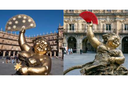 La escultura perteneciente a la exposición de Xu Hongfei en Salamanca con el abanico original y la estrella a la izquierda y con un abanico de reemplazo a la derecha.- ICAL