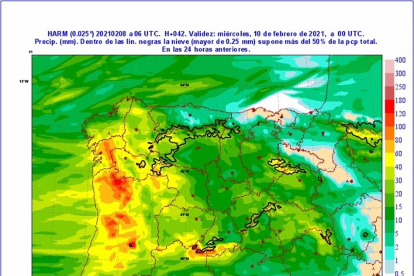 Mapa elaborado por la Aemet sobre la previsión de precipitaciones en CyL en la jornada del martes 9 de febrero - @AEMET_CYL