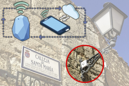 Uno de los sensores instalados en una de las farolas de la Calleja de Santa María. REPORTAJE GRÁFICO: - EL MUNDO