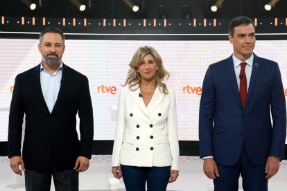 Santiago Abascal, Yolanda Díaz y Pedro Sánchez.-RTVE.