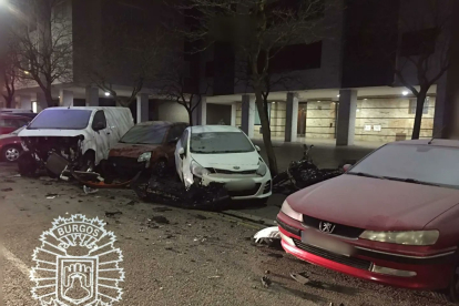 Estado en el que quedaron los vehículos aparcados en la calle de Burgos tras el impacto.-E. P.