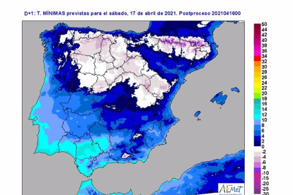 Mapa facilitado por la Aemet sobre la previsión de heladas generalizadas para el fin de semana en Castilla y León. / E.M.