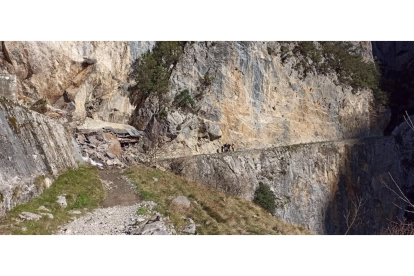 Derrumbe de tierra en un tramo de la Ruta del Cares en Picos de Europa. -E. PRESS.