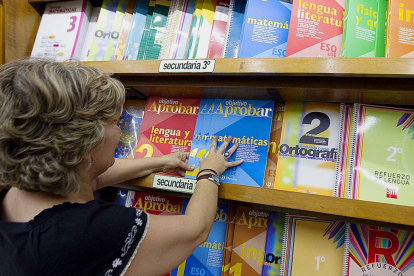 Libros de texto para las vacaciones de los niños en los estantes de una libreria. Horizontal