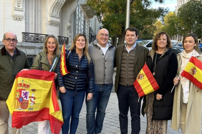 El presidente de la Junta, Alfonso Fernández Mañueco, el alcalde de Valladolid, Jesús Julio Carnero, junto a representantes del PP en la manifestación en Madrid. E.P.