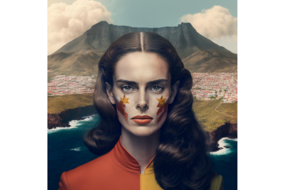 CANARIA. El protagonismo en  Canarias es el  mar de fondo. La mujer aparece con un semblante serio, con dos estrellas pintadas en sus mejillas y un pelo billante y castaño. Midjourney