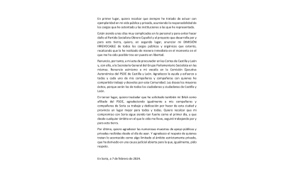 Comunicado de Ángel Hernández, difundido por el PSOE de Castilla y León en el canal de whatsapp con los medios, sin membrete ni firma.-E. M.
