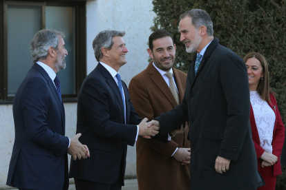 El rey Felipe VI, junto al presidente de la empresa Francisco Riberas (2I) visita en a la planta de Gestamp. - ICAL
