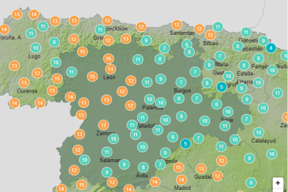 Mapa de la web de AEMET mostrando las temperaturas en la Comunidad hoy martes a las tres e la tarde. -AEMET