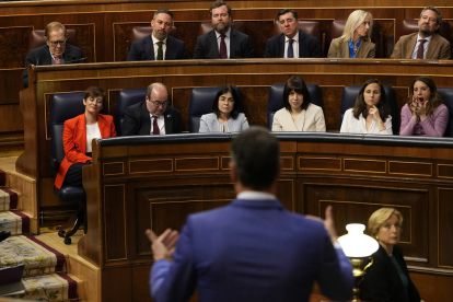 Pedro Sánchez interviene en el Congreso, con Ramón Tamames sentado (arriba izquierda).- JAVIER BARBANCHO