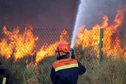 Un virulento incendio arrasa una zona arbolada con viviendas y líneas eléctricas entre San Andrés y Ferral del Bernesga (León).- ICAL