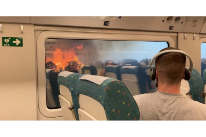 Fuego de Losacio en Zamora visto desde el tren antes de ser cortado el AVE Madrid-Galicia. E. M.