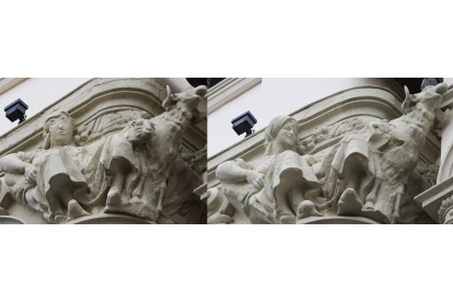 A la izquierda la imagen después de la restauración, a la izquierda, grupo escultórico gemelo al restaurado con la cabeza original. ICAL