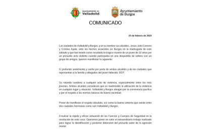 Comunicado conjunto de los ayuntamientos de Valladolid y Burgos por la muerte de un joven vallisoletano. -E.M.